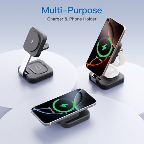 2025 Portable Wireless Mag Safe Fast Charging Hub – 3-in-1 Magnetic Charger for i Phone 16, 15, 14, 13, 12 Pro Max Plus, Apple Watch, and Air Pods – Compact Travel Essential with LED Indicator – Ultimate Gift for Tech-Savvy Couples (Black) – Superior Compatibility and Rapid Charging Performance