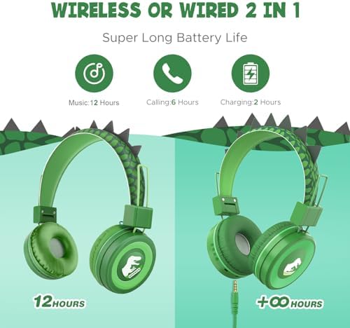 Dinosaur Bluetooth Headphones for Kids – Safe 85 d B Volume Control, Comfortable Over-Ear Design with Built-In Microphone & AUX Input for Tablets and i Pads – Ideal Travel Companion for Young Explorers and Learning Adventures