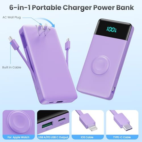 Ultra-Compact 6-in-1 10800 m Ah Power Bank with Built-In Cables & AC Plug – Fast Charging for i Phone, Android, and Apple Watch – LCD Display for Easy Power Monitoring – Lightweight, Travel-Friendly Battery Pack for Multi-Device Charging – Perfect for i Phone 16/15/14 Series, Samsung Galaxy, and More – Enjoy Unmatched Versatility and Convenience on the Go