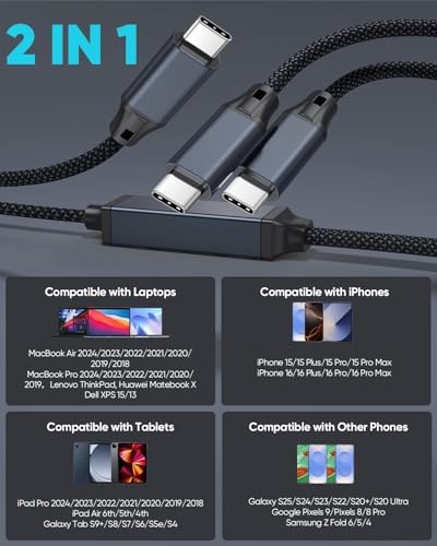 Experience Unmatched Charging Versatility with the 2-in-1 140 W USB-C Fast Charging Cable – 4 FT Braided Dual USB Type C Cord for i Phone 15/16 Pro, Mac Book Pro/Air, i Pad, Galaxy S25 and More – Perfect for Home, Office, and On-the-Go Power Solutions!