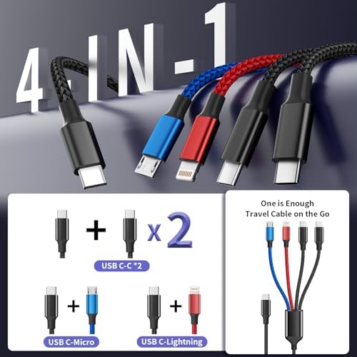 Versatile 4 in 1 USB C Charging Cable – 5 FT Dual Type-C Multi-Device Charger for i Phone 16/15/14/13, Android, i Pad & Mini Fans – 2 Pack Essential Travel Accessory for Fast and Efficient Charging Solutions