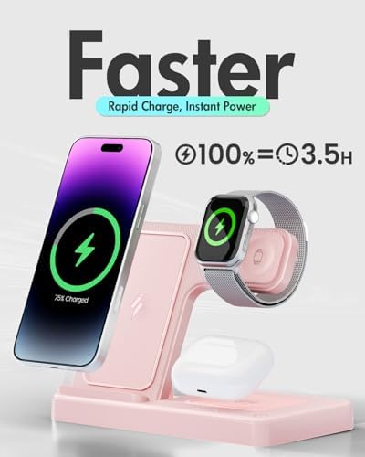 3-in-1 Wireless Charging Station for Apple Devices – Fast Charging Dock for i Phone 16, 15, 14, 13, 12, 11, Apple Watch Series 10-3, and Air Pods Pro in Chic Pink – Ultimate Convenience for Home, Office, and Travel – Overcurrent & Overheating Protection – Perfect Gift for Tech Lovers