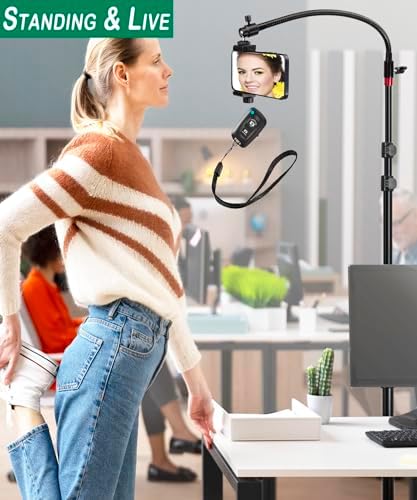 Phone Overhead Stand, Gooseneck Phone Floor Stand, Tall Video Cell Phone Mount with Height Adjustable Stand, Heavy Base, 360 Head, Works with iPhone 16, 16 Pro Max, 16 Plus, 15, 14, 13 – Enhanced Compatibility and Speed