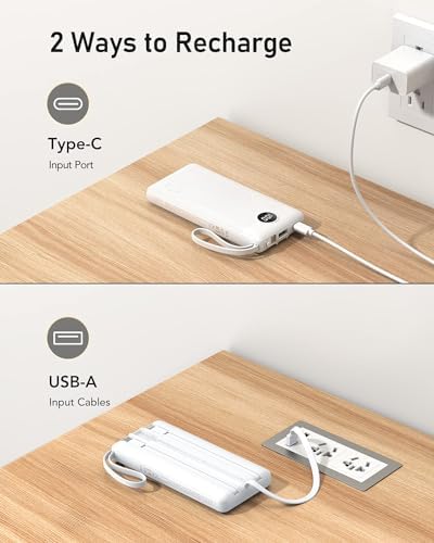 VEEKTOMX 10,000 m Ah Portable Power Bank with Integrated Charging Cables – Slim, Lightweight Fast Charger for i Phone, Samsung, and Android Devices – Essential Travel Companion with Intelligent Charging Technology for On-the-Go Convenience
