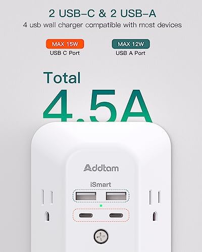 Addtam 5-Outlet Surge Protector with 4 USB Fast Charging Ports – Versatile Outlet Extender Power Strip for Home and Dorm Room Use, Enhanced Safety Features with Built-in Surge Protection, Compact Design for Easy Travel and Maximum Device Compatibility