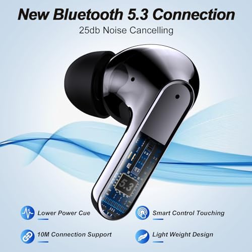 YAKEN YRKR Bluetooth 5.3 Wireless Earbuds with IPX5 Waterproofing – Lightweight Noise Cancelling Earphones Featuring Built-in Microphone and Wireless Charging Case for Seamless Audio Experience – Perfect for Active Lifestyles
