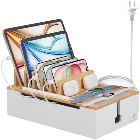 Pezin & Hulin Eco-Friendly Bamboo Charging Station – 10-Port USB Dock Organizer with 6 Cables, Enhanced Power Supply & Cable Management for Multi-Device Charging, Sleek Natural and Black Design for Homes and Offices