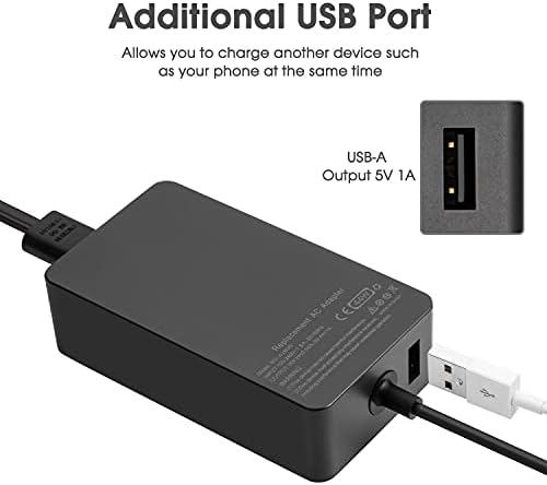 High-Performance 44 W Surface Charger for Microsoft Devices – Fast Charging Power Supply Adapter with 6.2 Ft Cord, Compatible with Surface Pro 3/4/5/6/7, Surface Laptop & Go, USB Port for Simultaneous Device Charging, Enhanced Safety Features