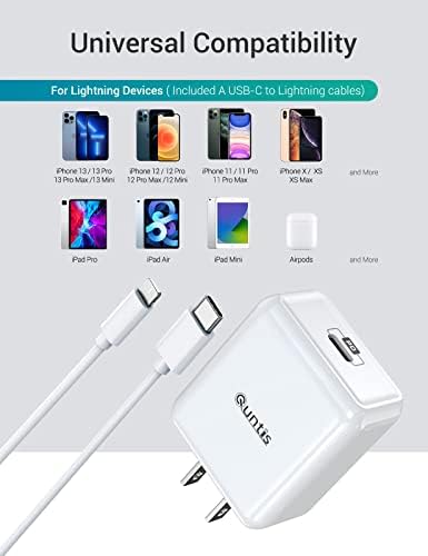 Quntis 20 W High-Speed i Phone Charger Block with 6 FT USB-C to Lightning Cable – Rapid Charging Solution for i Phone 14, 13 Pro, Max, Mini, 12, 11, XS, XR, X, and i Pad – Compact, Durable, and MFi Certified for Optimal Performance