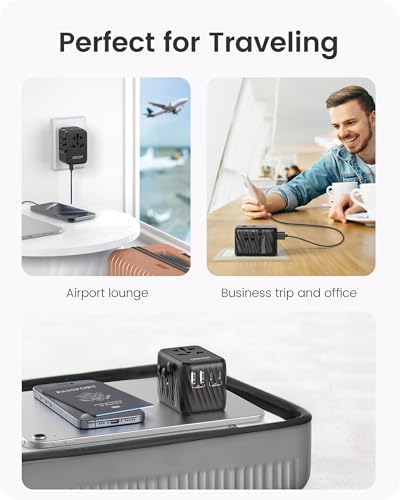 LENCENT 85 W Universal Travel Adapter with Retractable USB-C Cable – High-Speed International Plug Converter Featuring 3 Type-C & 1 USB-A Ports for Effortless Worldwide Charging – Your Ultimate Travel Essential for Maximum Compatibility, Fast Charging, and Ga N Technology Efficiency