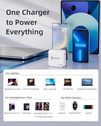 Ultimate PAEBAI+ 100 W USB-C Ga N Fast Charger: Compact, Foldable Wall Adapter for Mac Book Pro, i Phone 15/16, and Diverse USB-C Devices – 6.6 ft Durable Type-C Cable for Rapid Charging – Unmatched Versatility and Safety Features for Efficient On-the-Go Power Solutions