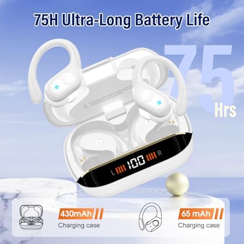 Advanced Bluetooth 5.4 Wireless Earbuds with Deep Bass – 75 Hours Playtime, IP7 Waterproof Sports Earphones Featuring Ergonomic Earhooks, LED Battery Display, and 4 ENC Microphones for Enhanced Sound Quality and Clear Calls – Perfect for Fitness Enthusiasts and Music Lovers in Sleek Black