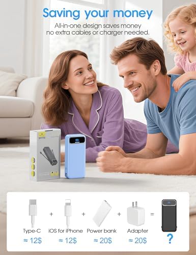 Ultra-Compact 12000 m Ah Power Bank with Built-in Charging Cables & AC Plug – 20 W PD Fast Charging for i Phone, Samsung, Android, USB-C Devices – Travel-Friendly External Battery Pack in Purple – Unmatched Portability and Efficiency for On-the-Go Charging Solutions