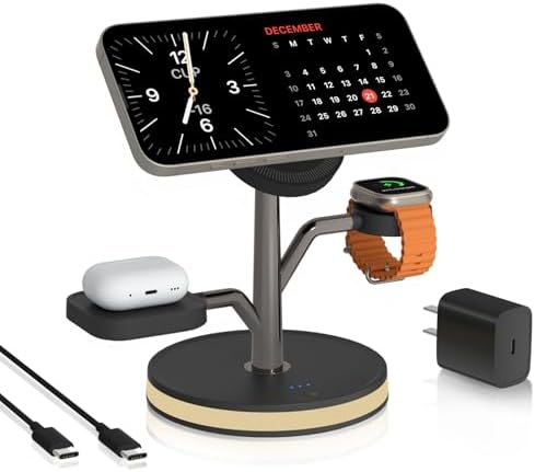 All-in-One 3-in-1 Mag Safe Charging Station for Apple Devices – Fast Wireless Charger for i Phone 16/15/14/13/12, Air Pods & Apple Watch with 20 W PD Adapter & LED Light – Sleek Nightstand and Office Solution for Enhanced Device Compatibility and Speed