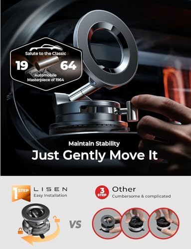LISEN Premium 360° Adjustable Suction Cup Phone Holder – Versatile Vacuum Magnetic Mount for i Phone 12-16 Pro Max with Enhanced Mag Safe Compatibility, Foldable Design for Effortless Car and Mirror Use, Ultimate Stability on Smooth Surfaces for Safe Driving and Easy Navigation