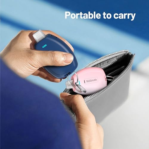 Compact Keychain Power Bank Duo: 1600 m Ah Emergency Charger for i Phone 8, 11, 12, 14 & Air Pods – Ultra-Portable Mini External Battery Pack in Stylish Blue & Pink – Fast Charging & Enhanced Compatibility for On-the-Go Power Solutions