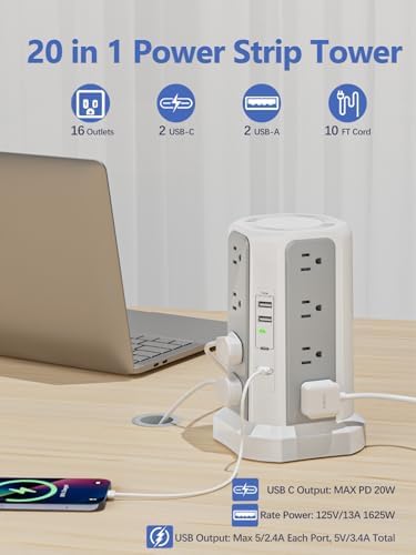 Revolutionize Your Charging Experience: 10 FT Surge Protector Power Strip Tower with 16 Outlets & 4 USB Ports – Efficient Desk Charging Station for Home, Office, or Dorm Room – Ultimate Space-Saving Solution with Robust 1625 W Power Output and Enhanced Safety Features