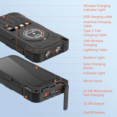 High-Capacity Solar Power Bank – 36,000 m Ah Portable Wireless Charger with 15 W Fast Charging, Built-In Cables & Multiple Inputs for Ultimate Device Compatibility – Lightweight & Durable for Outdoor Use