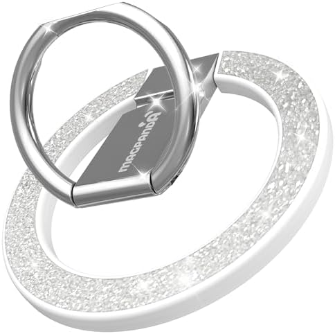Glamorous Diamond White Magnetic Phone Ring Holder for Mag Safe – Chic Glitter Grip with Versatile Adjustable Kickstand for i Phone 12-16 Pro Max Plus – Ultimate Stability and Effortless Connectivity for Enhanced User Experience