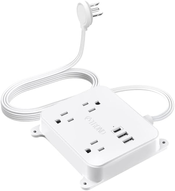 TROND Ultra Thin Flat Extension Cord with 3 USB Ports and 3 AC Outlets – Sleek Wall-Mount Power Strip for Smart Charging in Small Spaces – Perfect for Home, Dorms, and Workstations – Compact Surge Protector for Modern Electronics