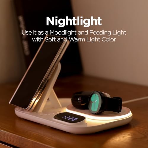 mooas 4-in-1 Fast Wireless Charging Station with LED Clock and Nightlight – Ultimate Multi-Device Charger for i Phone 15/14, Galaxy S24/S23, Apple Watch, and Air Pods – Stylish, Efficient Power Hub with Enhanced Compatibility and Fast Charging Capability