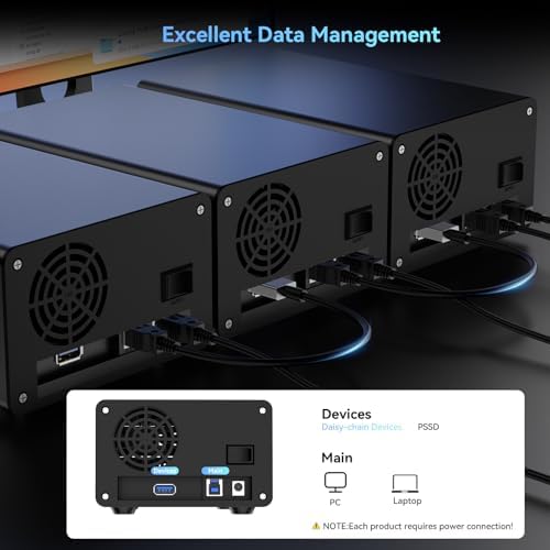 Sleek Aluminum Dual Bay Hard Drive Enclosure with Cooling Fan for 2.5”/3.5” SATA HDD/SSD – Tool-Free USB A/C 3.0 External Storage, Hot-Swappable, Daisy Chain Expansion – Ultimate Data Solution for Professionals and Casual Users