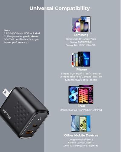 VOLTME 45 W Ga N PPS Fast Charger – Dual Port USB-C & USB-A, Ultra Compact & Foldable Design for i Phone 14/15/16 & Galaxy S22/S23/S24 – High-Speed Charging with Advanced Safety Features for Laptops, Tablets, and More – Ultimate Travel Companion for Modern Devices