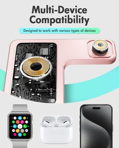 3-in-1 Wireless Charging Station for Apple Devices – Fast Charging Dock for i Phone 16, 15, 14, 13, 12, 11, Apple Watch Series 10-3, and Air Pods Pro in Chic Pink – Ultimate Convenience for Home, Office, and Travel – Overcurrent & Overheating Protection – Perfect Gift for Tech Lovers
