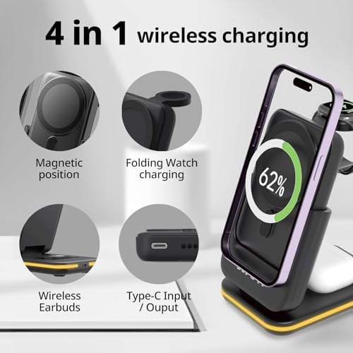 Ultimate 4-in-1 Magnetic Charging Station – SUPERV Foldable 5000 m Ah Power Bank for i Phone 16/15, Apple Watch, Air Pods & Samsung Galaxy S25/S24 – Fast Wireless Charger with Enhanced Mag-Safe Compatibility for Seamless Portability and Versatile Device Support