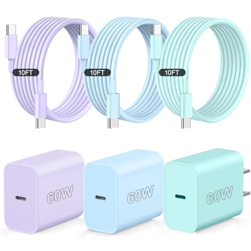 Ultra-Fast 60 W USB-C Charger Set – 3-Pack with 10 FT Charging Cables for i Phone 15/16 Pro/Max/Plus, i Pad Air/Pro, Samsung Devices – High-Speed Charging in Vibrant Red, Purple, Green – Maximum Compatibility & Convenience for On-the-Go Power Solutions