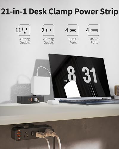15 FT Under Desk Surge Protector Power Strip with 13 Outlets & 4 Fast Charging USB Ports – Dual Layer Desktop Clamp Charging Station for Home & Office – Enhanced Safety with 1700 Joules and Flexible Extension Cord