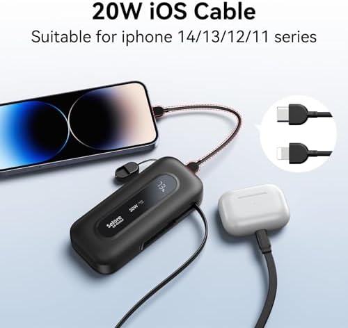 Ultra-Portable 10,000 m Ah Power Bank with Retractable Cable & USB-C to Lightning Compatibility – 30 W Fast Charging Battery Pack for i Phone 16/15/14/13 & Samsung Devices – LED Display for Easy Monitoring – Essential Travel Charger for On-the-Go Power Solutions