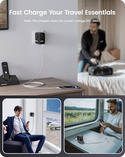 85 W Universal Travel Power Adapter with Retractable USB-C Cable – Optimal Fast Charging Hub for Global Use, Featuring 4 Ports for Seamless Connectivity in US, EU, UK & Beyond, Engineered for On-the-Go Professionals Seeking Efficiency and Versatility