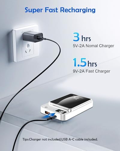 Effortlessly Stay Charged with Our 10,000 m Ah Magnetic Wireless Power Bank – 15 W Fast Wireless & 22.5 W USB PD QC3.0 Portable Charger for i Phone 12/13/14/15 Series – Sleek White Design with LED Display & Seamless Device Alignment – Essential Accessory for On-the-Go Power Needs