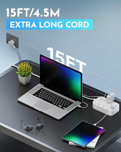 Versatile 10 Ft Braided Power Strip with Flat Plug – 4 Outlets & 3 USB Charging Ports for Effortless Device Management, Overload Protection, and Space-Saving Wall Mount Design for Home and Office Use