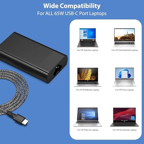 Ultimate 65 W USB-C Laptop Charger for HP Spectre, Elite Book, and Chromebook – Fast Charging AC Power Adapter with Enhanced Compatibility for X360, Envy, and ZBook Series – Reliable Type-C Connection for Efficient Performance