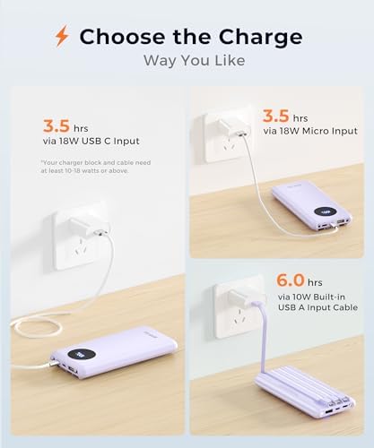 Ultra-Fast Portable Charger with Built-In Cables & LED Display – 10000 m Ah Power Bank for Multiple Devices, 22.5 W Super Speed Charging, Slim Design for Travel & Emergency Use – Compatible with i Phone 16/15/14/13/12, Samsung Galaxy, Google Pixel & More (Purple) – Ultimate Convenience & Safety Features