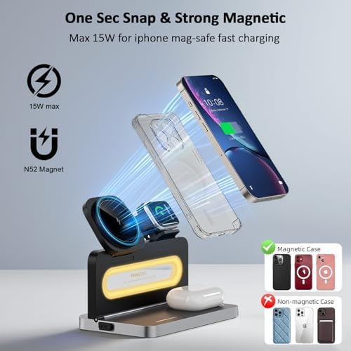 Revolutionize Your Charging Experience with the 4-in-1 Wireless Charger: Adjustable Night Light & Magnetic Foldable Stand for i Phone 12-16, Apple Watch & Air Pods – 15 W Fast Charging Dock for Seamless Multi-Device Power-Up, Perfect for Bedside Tables and Modern Workspaces