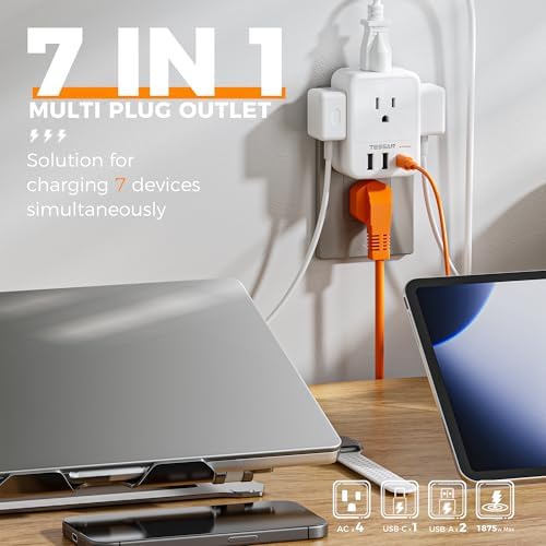 TESSAN Surge Protector Wall Outlet Extender with 3 AC Ports & 3 USB Charging Blocks (Including USB-C) – Multi Plug Wall Charger for Enhanced Device Connectivity in Home, Office, Dorm & School – Fast Charging & Compact Design for Ultimate Convenience