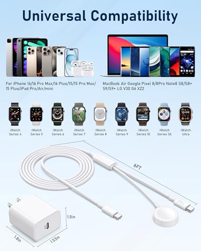 Ultimate 2-in-1 USB-C Charging Station for Apple Watch and i Phone – 6 FT Fast Charging Cable with 20 W Power Adapter – Perfectly Designed for Apple Watch Series Ultra/SE/10/9/8/7/6/5/4/3/2 and i Phone 16/15 – Enhanced Compatibility, Rapid Charge Efficiency, and Compact Design for Effortless Portability and Organization