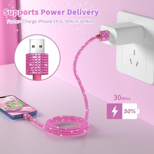 Black Diamond MFi Certified Fast Charging Cable for i Phone – 4 FT USB-A to Lightning Cord with Sparkling Rhinestone Design, Compatible with i Phone 14, 13, 12, 11 Pro Max, XR, XS, X, 8, and 7 – Durable and Stylish Charging Solution for Rapid Power Delivery