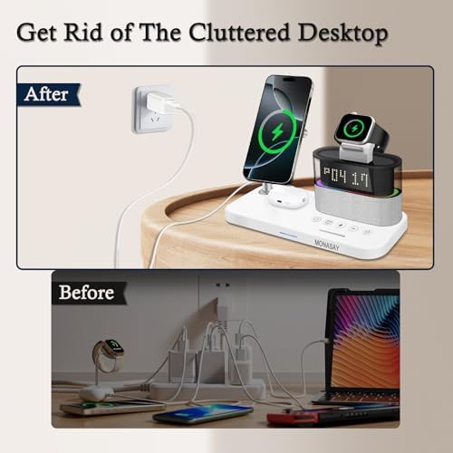 MONASAY Qi2 5-in-1 Wireless Charging Hub with Alarm Clock – 23 W Fast Charger for i Phone 16/15/14/13/12, Air Pods, and Apple Watch – Magnetic Stand for Optimal Device Alignment – Sleek Black Design for Home and Office Use – Ultimate Convenience and Speed in One Charging Solution