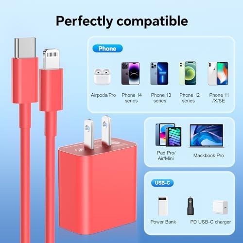 Premium 20 W PD Fast Charger Set for i Phone 14 – 3-Pack Type-C Wall Charger with 6 ft USB-C to Lightning Cables for Rapid Charging Compatibility with i Phone 14/14 Pro/14 Pro Max/13/12/11 – Optimal Speed and Versatility for Home, Office, and Travel