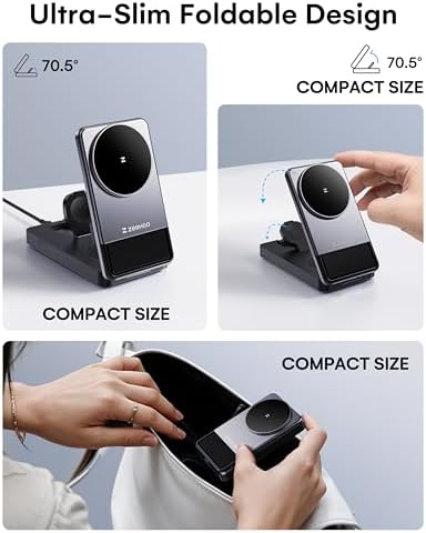 ZEEHOO 3-in-1 Portable Fast Wireless Charging Station – Foldable Mag Safe-Compatible Charger for i Phone 16/15/14/13/12, Air Pods & Apple Watch – Ultimate Convenience for Efficient Power Management and Travel Ready Design