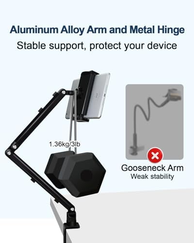 Ergonomic Adjustable Tablet Desk Mount for i Pad – Aluminum Clamp Holder for 4.7-15.6″ Devices including i Phone, Kindle, and Nintendo Switch – Sturdy Arm Design for Optimal Viewing Angles and Reduced Neck Strain – Perfect for Home Office and Entertainment Use