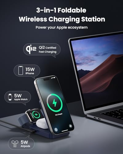 3-in-1 Qi2 Certified Wireless Charging Station – 15 W Fast Magnetic Charger for i Phone 16/15/14/13/12, Apple Watch, Air Pods – Foldable Design with 30 W USB-C Adapter for Ultimate Compatibility and Efficiency – Elevate Your Charging Experience with Enhanced Safety Features and Versatile Viewing Angles