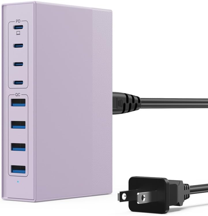 Revolutionize Your Charging Experience: 200 W Ga N III USB C Travel Charger Hub – 8-in-1 Multi-Device Fast Charging Station for Mac Book Pro, Dell XPS, i Phone 16/15/14 & Galaxy S24 – Compact, Lightweight Design with PD 65 W Power Delivery & Enhanced Compatibility – Stylish Purple Finish for Tech Enthusiasts