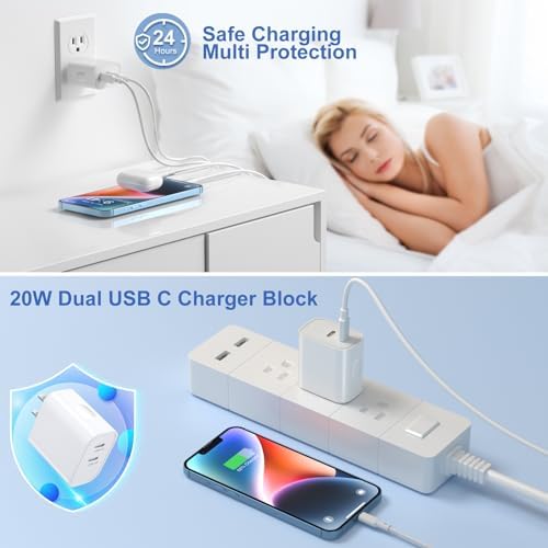 Costyle i Phone 15 & 16 Dual USB-C Charger Block – 20 W Fast Charging Wall Plug with 2 x 6 FT Type-C Cables for Maximum Compatibility – Efficient Power Adapter for i Phone 15 Pro Max & i Pad Pro – Compact Design for On-the-Go Charging Solutions