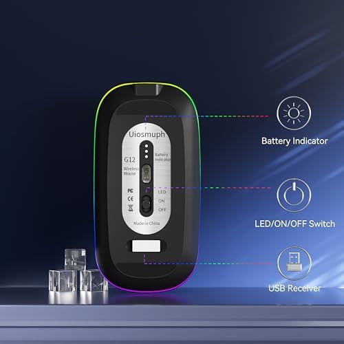 Uiosmuph G12 Slim Rechargeable LED Wireless Silent Mouse – Ultra-Portable USB Optical Computer Accessory with Type C Adapter for Seamless Compatibility and Noise-Free Operation in Blackish Green