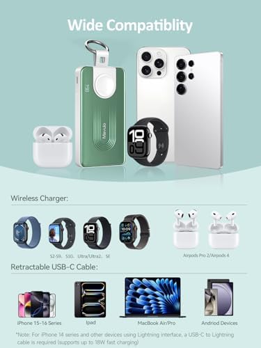 Mavulo Ultra-Fast Wireless Power Bank for Apple Devices – 10000 m Ah Portable Keychain Charger with Retractable USB-C Cable, 20 W Quick Charge Capability, LED Battery Indicator – Compatible with i Phone 15/16, i Pad, Air Pods Pro, and Apple Watch – Sleek Black Design for On-the-Go Power Solutions